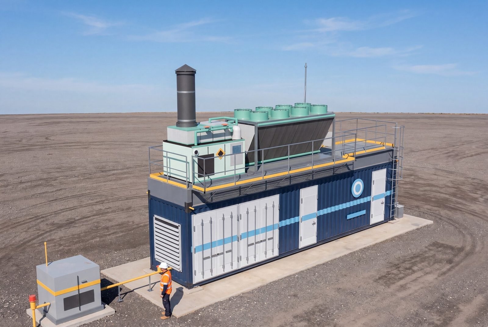 A BluenPower generation container on site, render