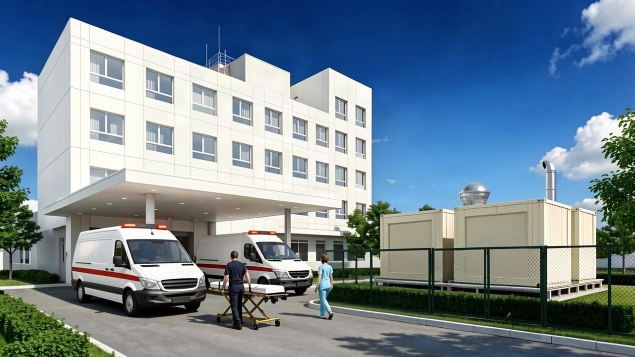 Módulo de geração em contêineres, em área técnica cercada ao lado da entrada de emergência de um hospital, com duas ambulâncias sob a marquise
