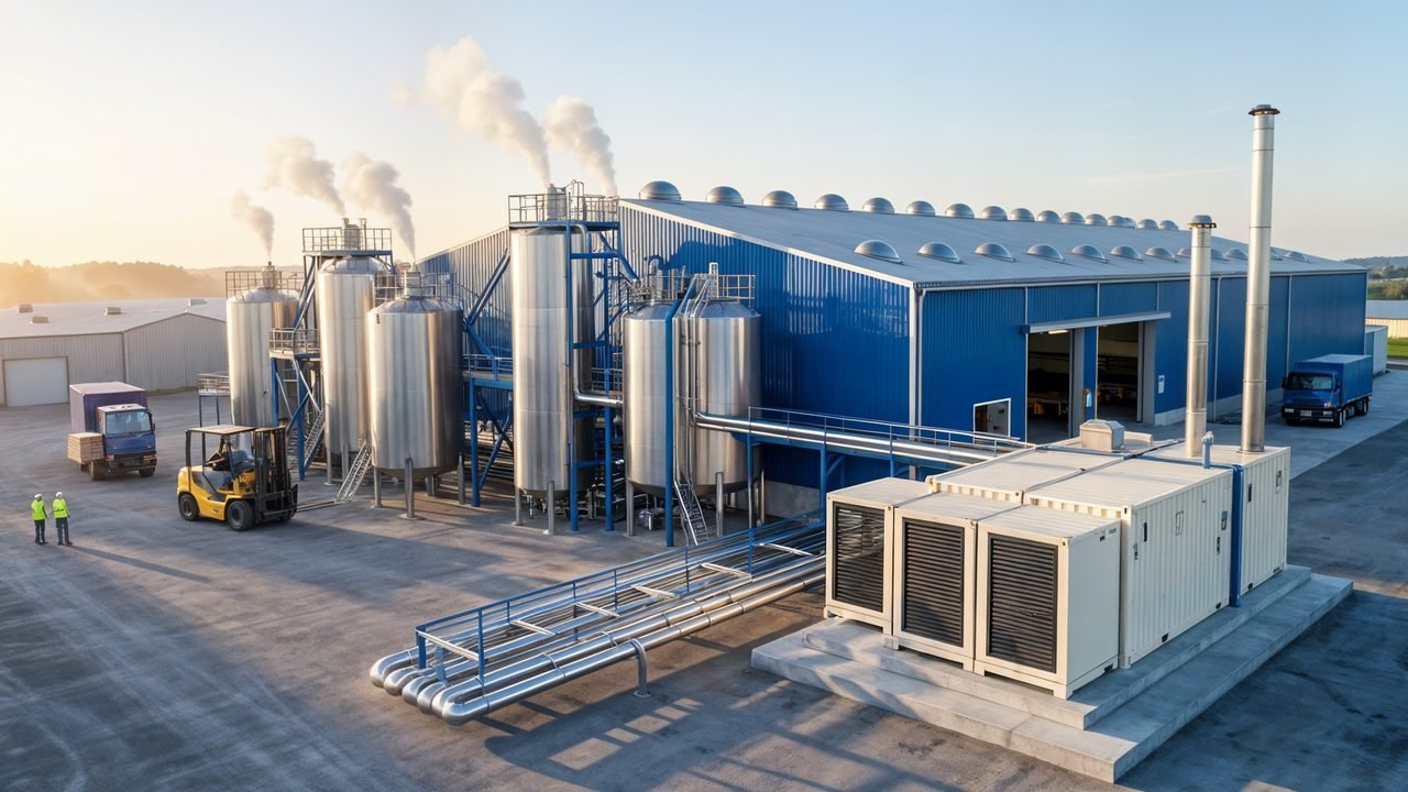 White containerised power module beside a process plant with stainless-steel tanks, tied into the plant by a steam and hot-water pipe rack, with a forklift in the yard in the morning