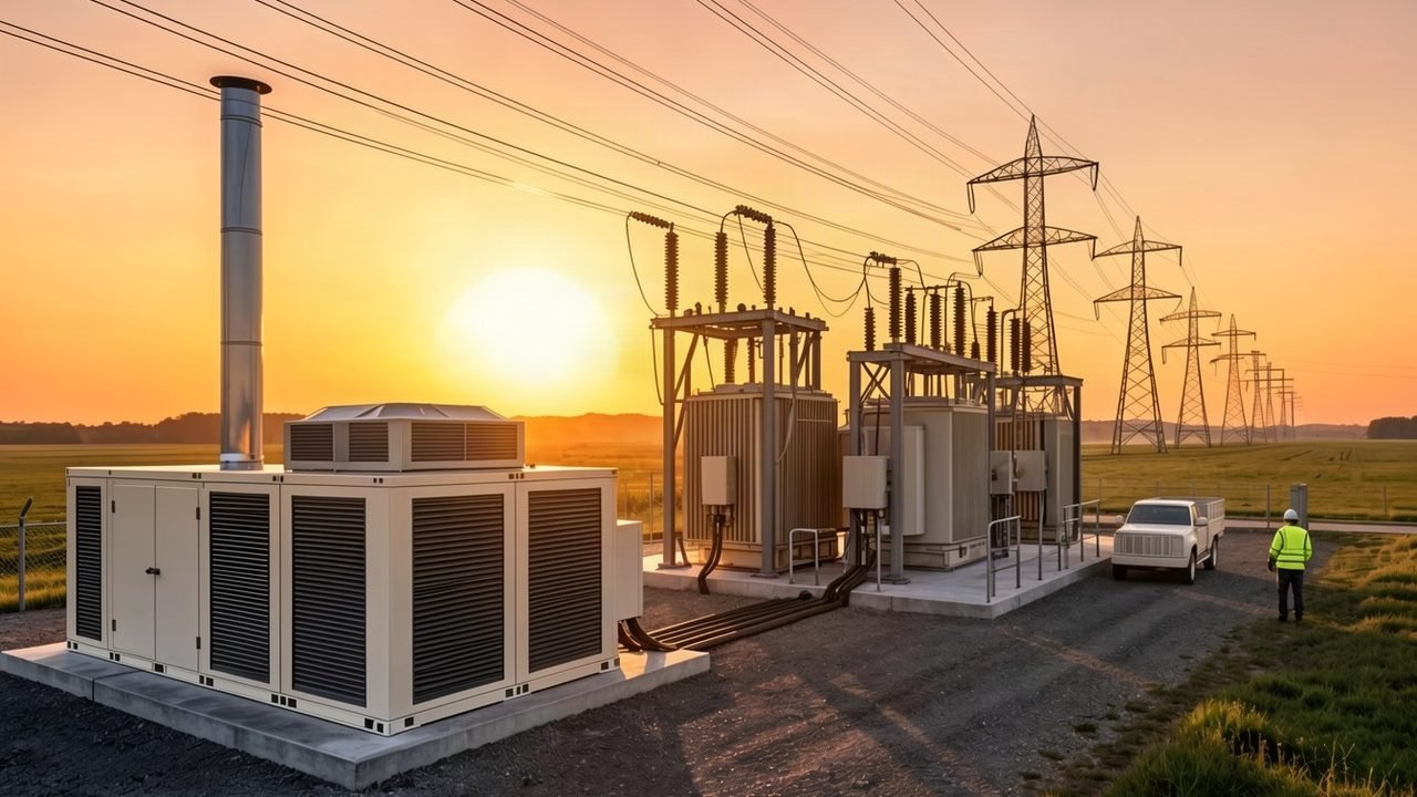 Módulo de geração em contêineres com chaminé ao lado dos transformadores de uma subestação, com torres de transmissão até o horizonte ao pôr do sol