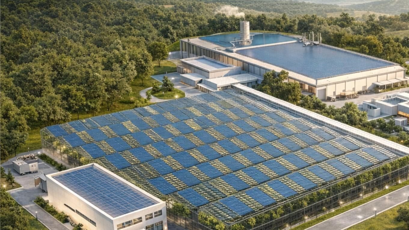 Concept render of an energy-recovery plant with a solar-covered greenhouse