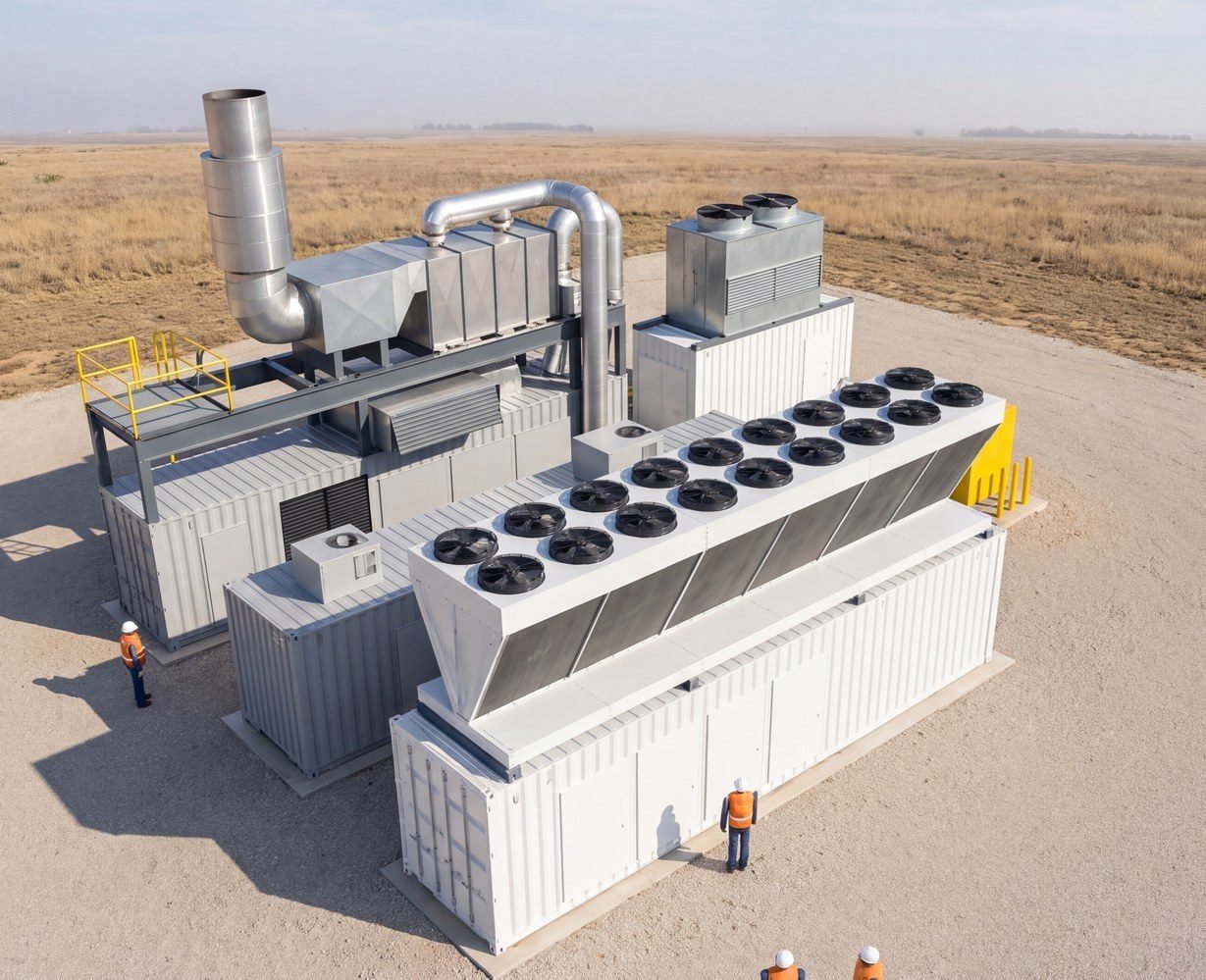Módulo classe 2 MW com quatro contêineres, recuperador no teto, dry cooler e torre de resfriamento, modelo 3D conceitual