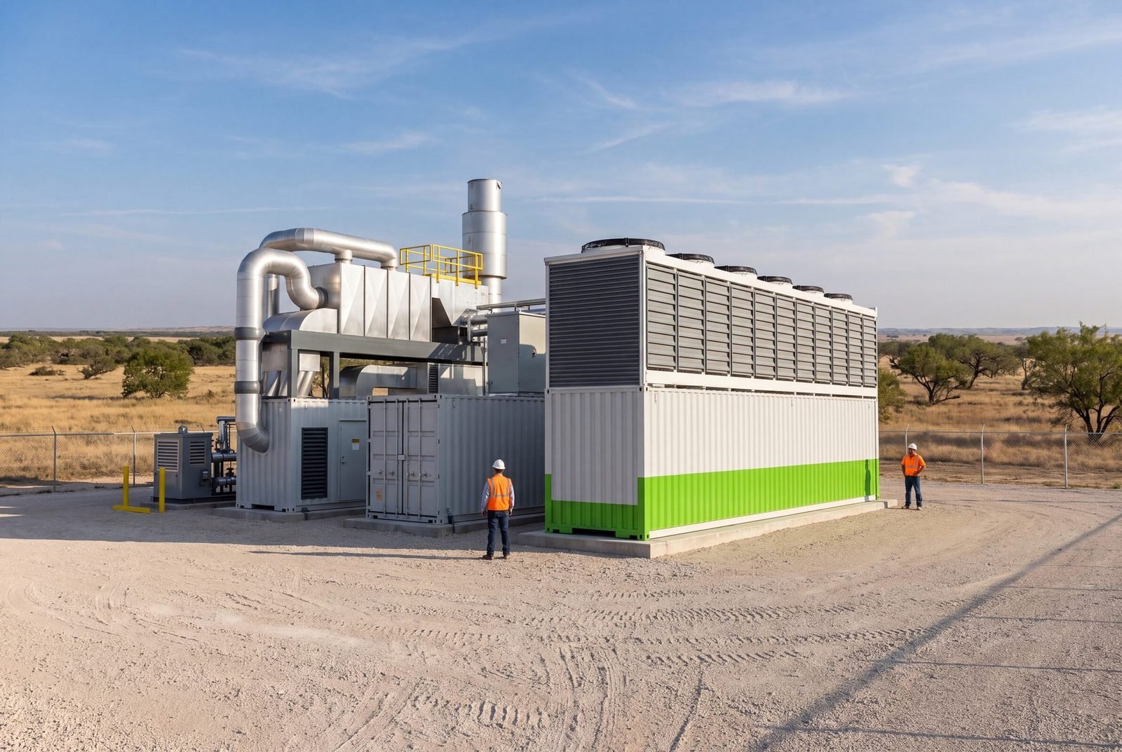Módulo de energia ao lado de um pod de IA sobre uma base de cascalho, modelo 3D conceitual