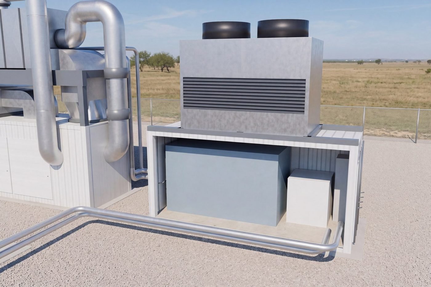 Contêiner de refrigeração aberto, com o chiller de absorção e as bombas sob uma torre de resfriamento, modelo 3D conceitual