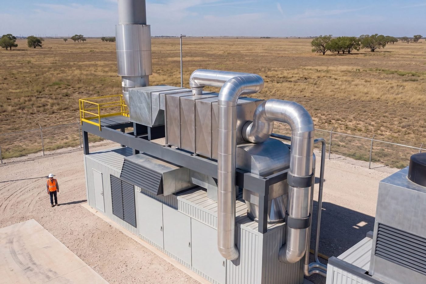 Contêiner de energia com o skid do recuperador e a chaminé no teto, modelo 3D conceitual